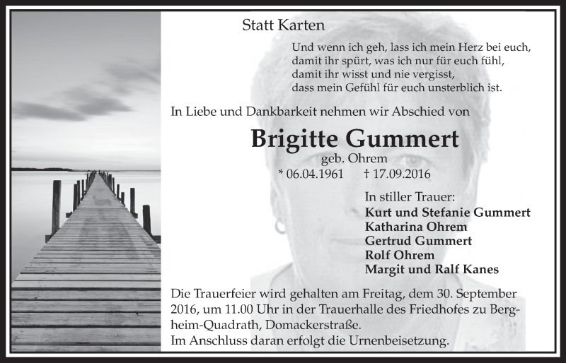  Traueranzeige für Brigitte Gummert vom 24.09.2016 aus  Sonntags-Post 