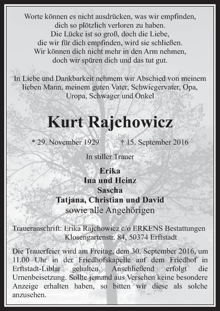  Traueranzeige für Kurt Rajchowicz vom 28.09.2016 aus  Werbepost 