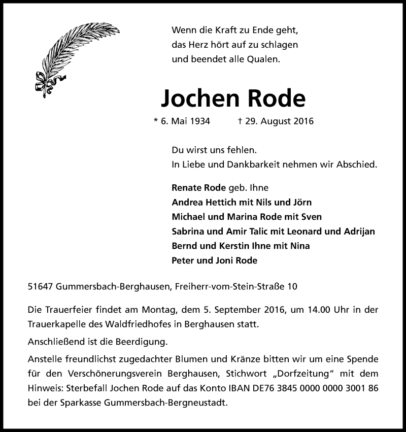  Traueranzeige für Jochen Rode vom 02.09.2016 aus Kölner Stadt-Anzeiger / Kölnische Rundschau / Express