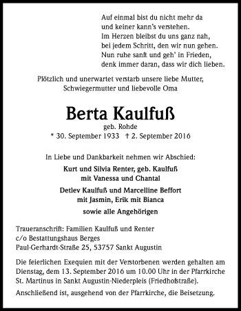 Anzeige von Berta Kaulfuß von Kölner Stadt-Anzeiger / Kölnische Rundschau / Express