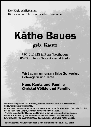 Anzeige von Käthe Baues von Kölner Stadt-Anzeiger / Kölnische Rundschau / Express