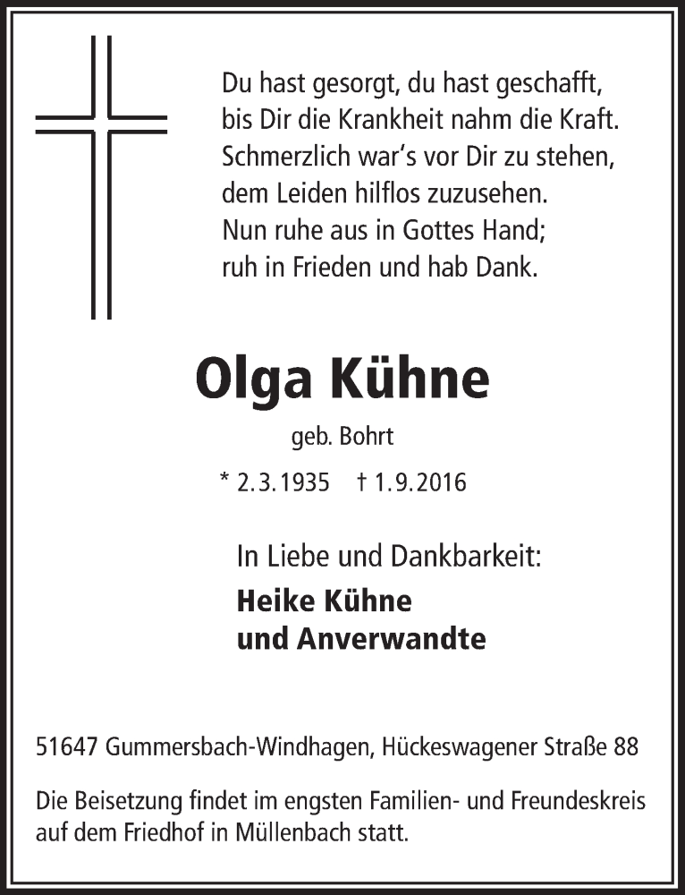  Traueranzeige für Olga Kühne vom 14.09.2016 aus  Anzeigen Echo 