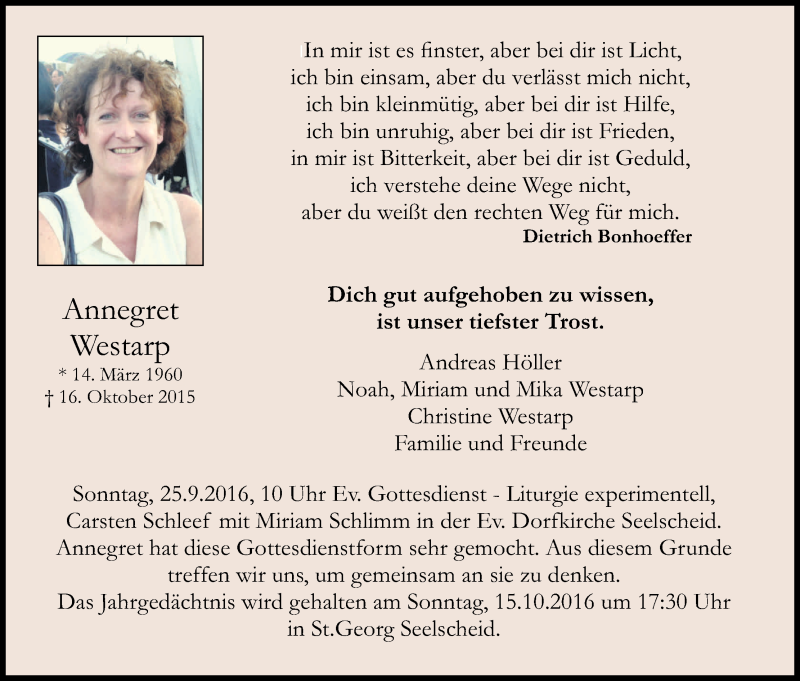  Traueranzeige für Annegret Westarp vom 24.09.2016 aus Kölner Stadt-Anzeiger / Kölnische Rundschau / Express