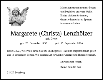 Anzeige von Margarete Christa Lenzhölzer von Kölner Stadt-Anzeiger / Kölnische Rundschau / Express
