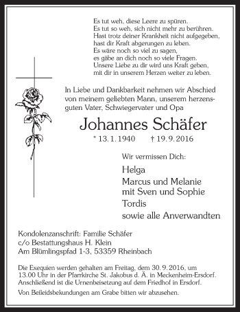 Anzeige von Johannes Schäfer von  Schaufenster/Blickpunkt 