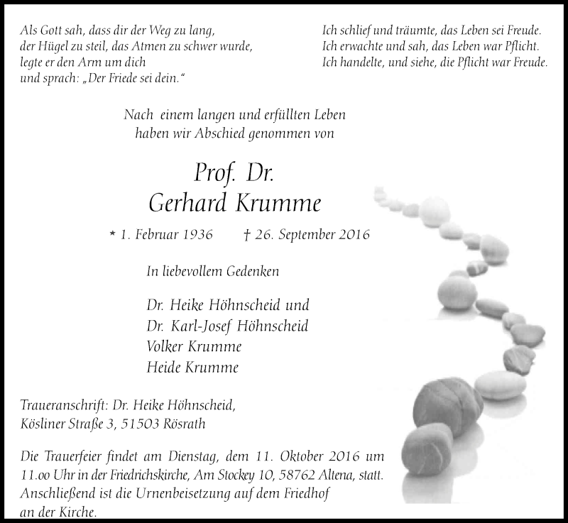  Traueranzeige für Gerhard Krumme vom 01.10.2016 aus Kölner Stadt-Anzeiger / Kölnische Rundschau / Express