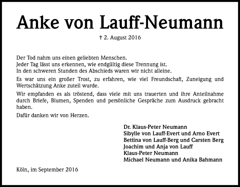  Traueranzeige für Anke von Lauff-Neumann vom 24.09.2016 aus Kölner Stadt-Anzeiger / Kölnische Rundschau / Express