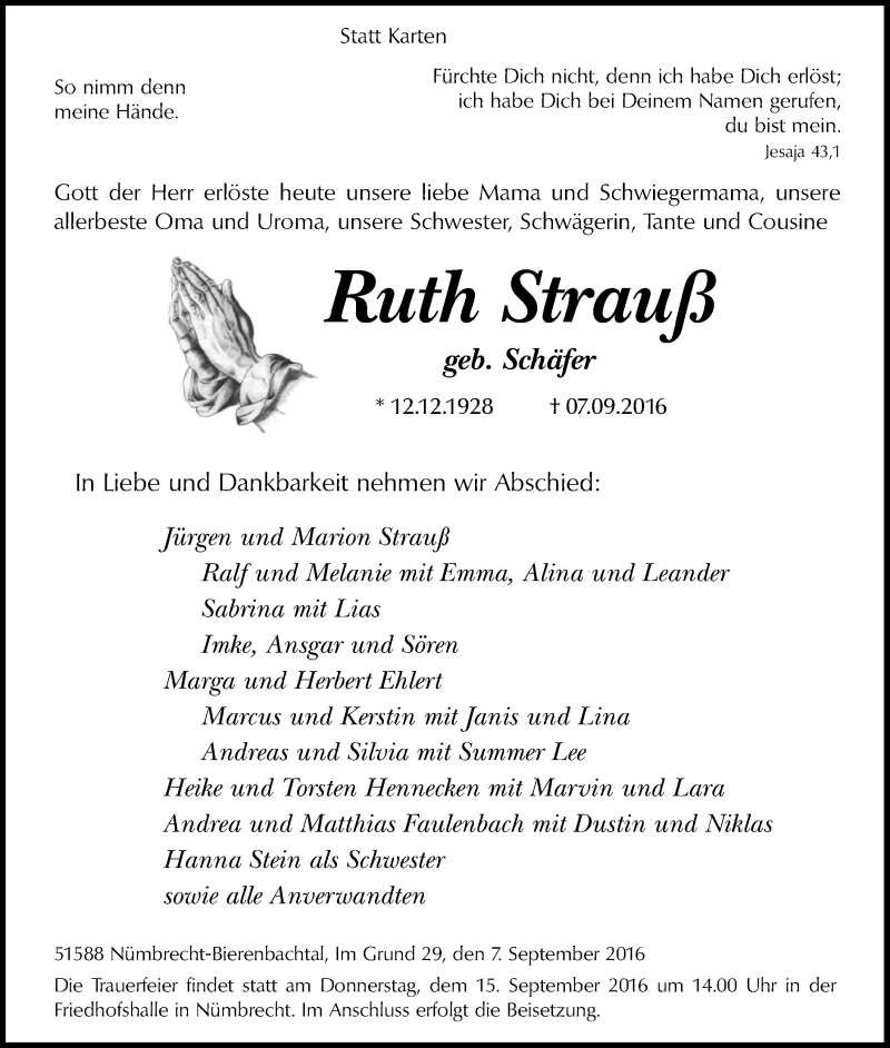  Traueranzeige für Ruth Strauß vom 14.09.2016 aus  Lokalanzeiger 