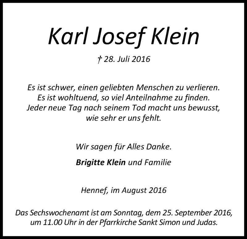  Traueranzeige für Karl Josef Klein vom 09.09.2016 aus Kölner Stadt-Anzeiger / Kölnische Rundschau / Express
