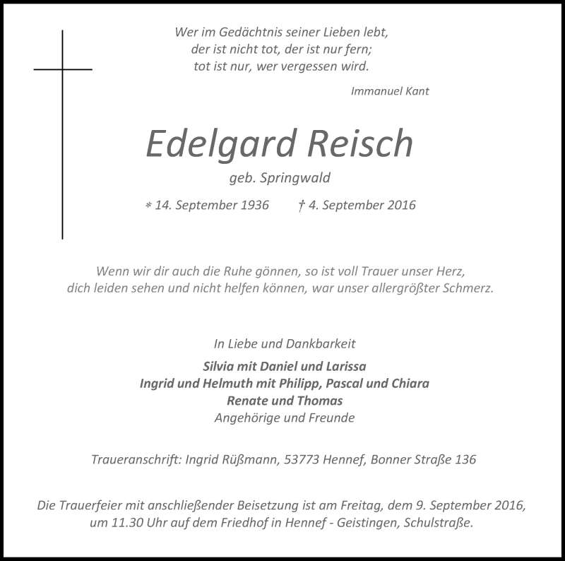  Traueranzeige für Edelgard Reisch vom 07.09.2016 aus Kölner Stadt-Anzeiger / Kölnische Rundschau / Express