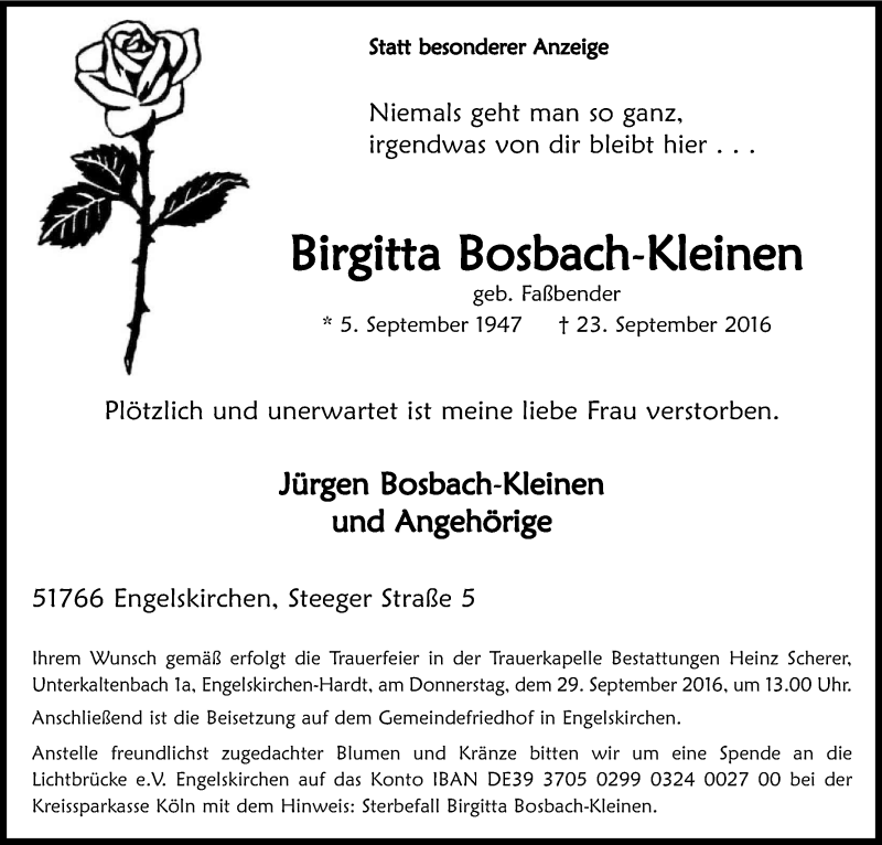  Traueranzeige für Birgitta Bosbach-Kleinen vom 27.09.2016 aus Kölner Stadt-Anzeiger / Kölnische Rundschau / Express