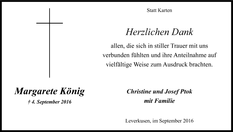  Traueranzeige für Margarete König vom 24.09.2016 aus Kölner Stadt-Anzeiger / Kölnische Rundschau / Express