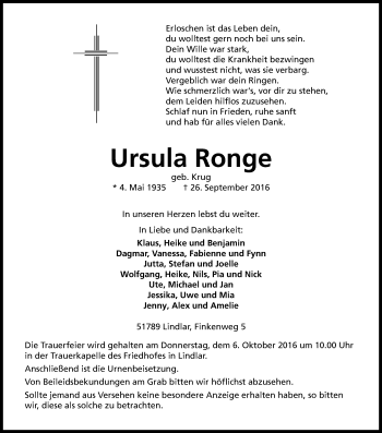Anzeige von Ursula Ronge von Kölner Stadt-Anzeiger / Kölnische Rundschau / Express