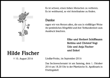 Anzeige von Hilde Fischer von Kölner Stadt-Anzeiger / Kölnische Rundschau / Express