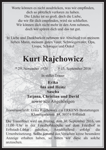 Anzeige von Kurt Rajchowicz von  Werbepost 