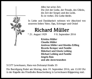 Anzeige von Richard Müller von Kölner Stadt-Anzeiger / Kölnische Rundschau / Express