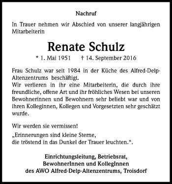 Anzeige von Renate Schulz von Kölner Stadt-Anzeiger / Kölnische Rundschau / Express