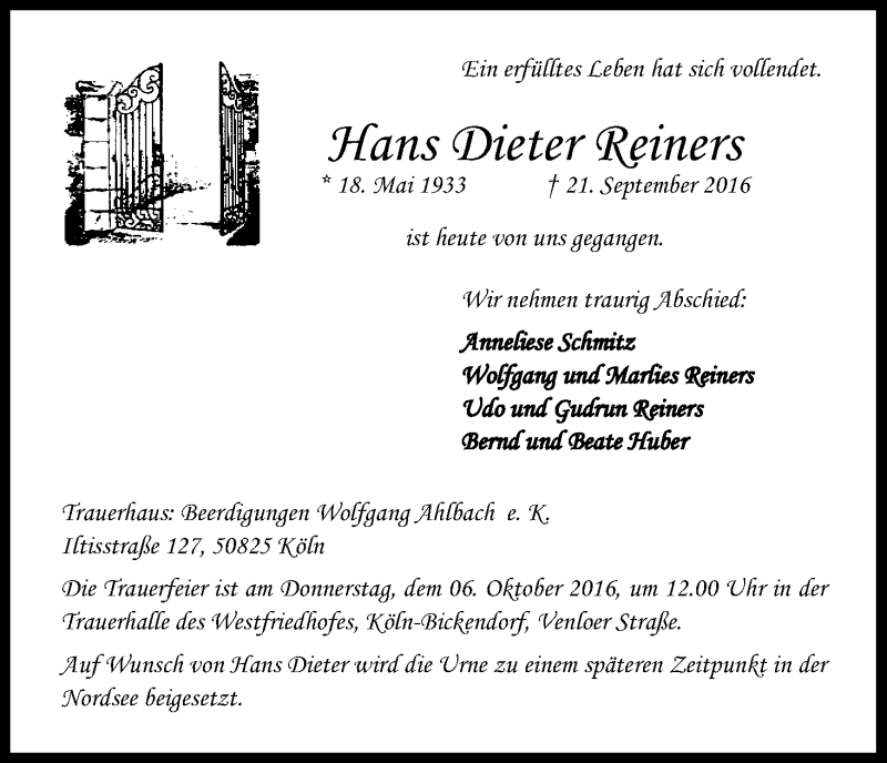  Traueranzeige für Hans Dieter Reiners vom 01.10.2016 aus Kölner Stadt-Anzeiger / Kölnische Rundschau / Express