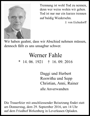 Anzeige von Werner Fahle von Kölner Stadt-Anzeiger / Kölnische Rundschau / Express