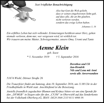 Anzeige von Aenne Klein von Kölner Stadt-Anzeiger / Kölnische Rundschau / Express