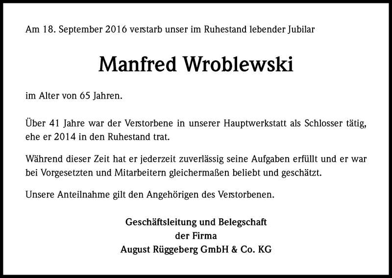  Traueranzeige für Manfred Wroblewski vom 23.09.2016 aus Kölner Stadt-Anzeiger / Kölnische Rundschau / Express
