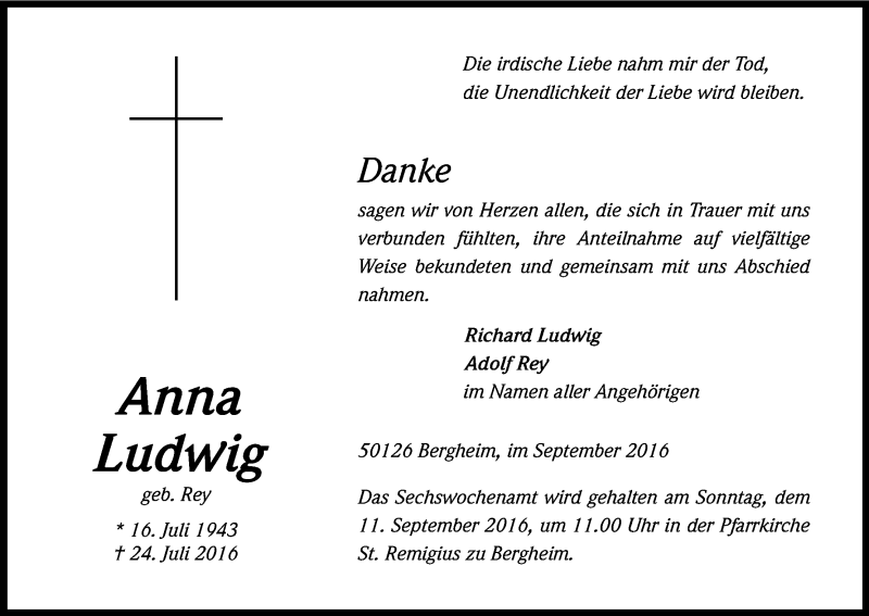  Traueranzeige für Anna Ludwig vom 03.09.2016 aus Kölner Stadt-Anzeiger / Kölnische Rundschau / Express