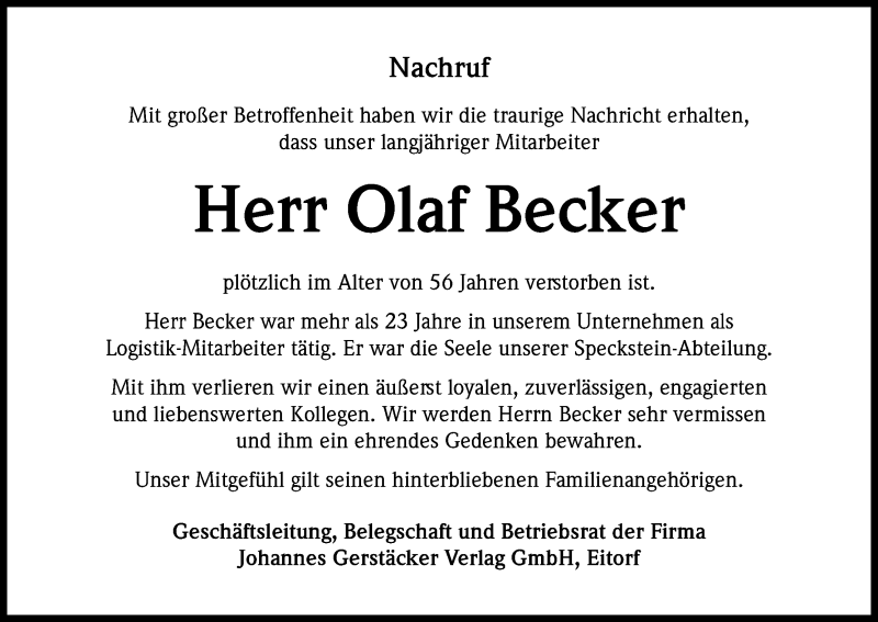  Traueranzeige für Olaf Becker vom 14.09.2016 aus Kölner Stadt-Anzeiger / Kölnische Rundschau / Express