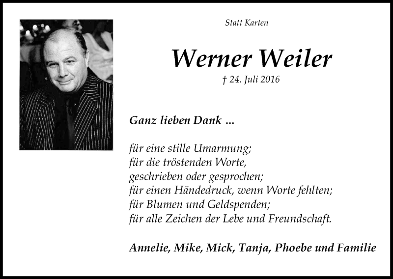  Traueranzeige für Werner Weiler vom 10.09.2016 aus Kölner Stadt-Anzeiger / Kölnische Rundschau / Express