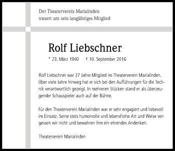 Anzeige von Rolf Liebschner von Kölner Stadt-Anzeiger / Kölnische Rundschau / Express