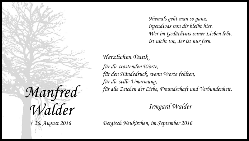 Traueranzeige für Manfred Walder vom 30.09.2016 aus Kölner Stadt-Anzeiger / Kölnische Rundschau / Express