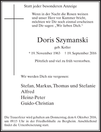 Anzeige von Doris Szymanski von  Sonntags-Post 