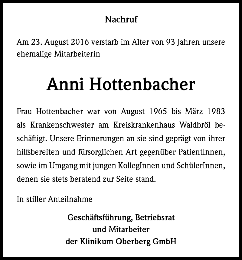 Traueranzeige für Anni Hottenbacher vom 03.09.2016 aus Kölner Stadt-Anzeiger / Kölnische Rundschau / Express
