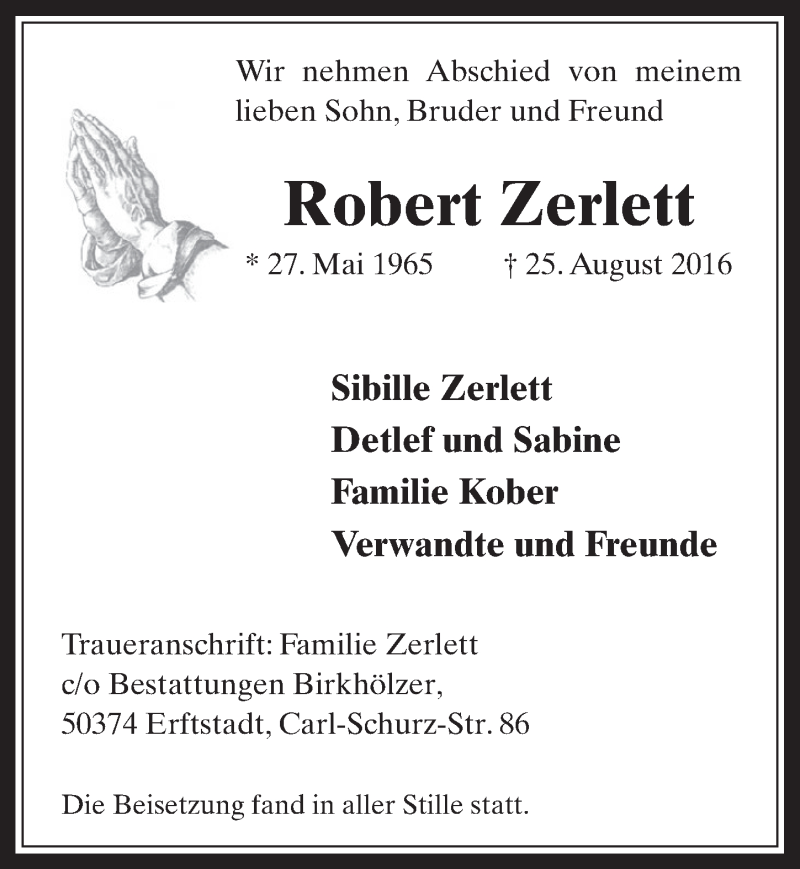  Traueranzeige für Robert Zerlett vom 07.09.2016 aus  Werbepost 