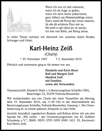 Anzeige von Karl-Heinz Zeiß von Kölner Stadt-Anzeiger / Kölnische Rundschau / Express