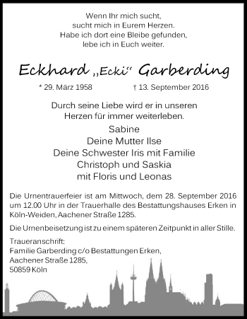 Anzeige von Eckhard Garberding von Kölner Stadt-Anzeiger / Kölnische Rundschau / Express