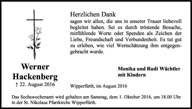  Traueranzeige für Werner Hackenberg vom 24.09.2016 aus Kölner Stadt-Anzeiger / Kölnische Rundschau / Express