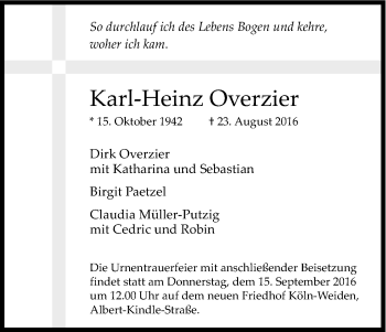 Anzeige von Karl-Heinz Overzier von Kölner Stadt-Anzeiger / Kölnische Rundschau / Express
