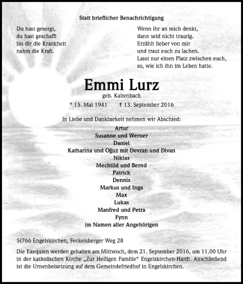 Anzeige von Emmi Lurz von Kölner Stadt-Anzeiger / Kölnische Rundschau / Express