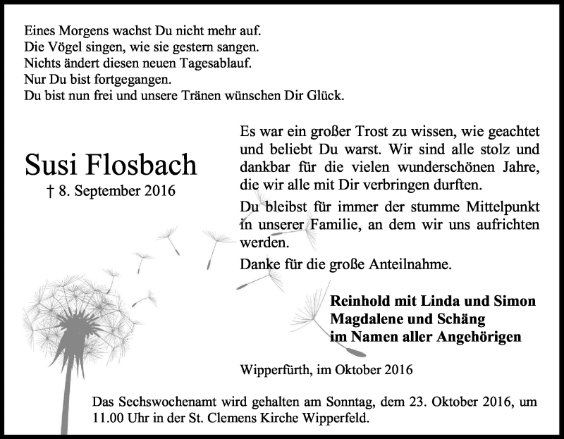  Traueranzeige für Susi Flosbach vom 01.10.2016 aus Kölner Stadt-Anzeiger / Kölnische Rundschau / Express