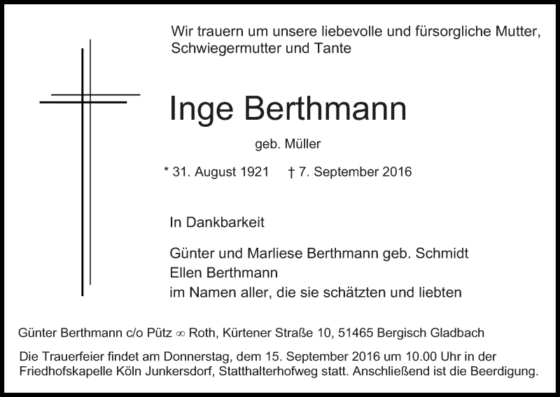  Traueranzeige für Inge Berthmann vom 12.09.2016 aus Kölner Stadt-Anzeiger / Kölnische Rundschau / Express