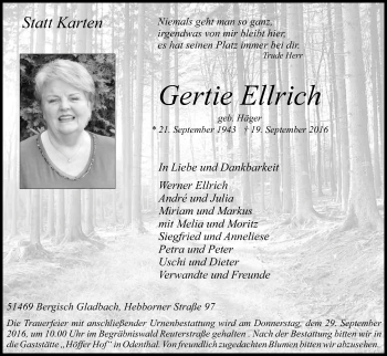 Anzeige von Gertie Ellrich von Kölner Stadt-Anzeiger / Kölnische Rundschau / Express