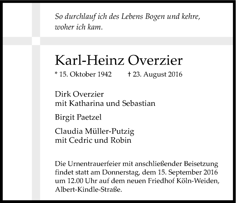  Traueranzeige für Karl-Heinz Overzier vom 10.09.2016 aus Kölner Stadt-Anzeiger / Kölnische Rundschau / Express