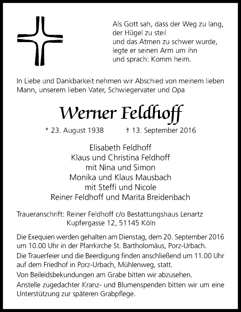  Traueranzeige für Werner Feldhoff vom 17.09.2016 aus Kölner Stadt-Anzeiger / Kölnische Rundschau / Express