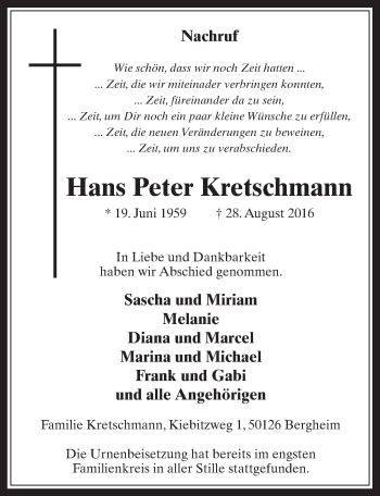 Anzeige von Hans Peter Kretschmann von  Werbepost 