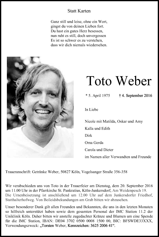  Traueranzeige für Toto Weber vom 10.09.2016 aus Kölner Stadt-Anzeiger / Kölnische Rundschau / Express
