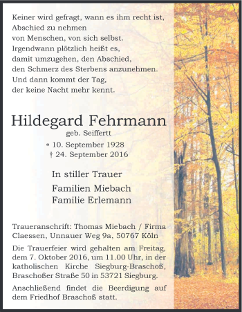 Anzeige von Hildegard Fehrmann von Kölner Stadt-Anzeiger / Kölnische Rundschau / Express
