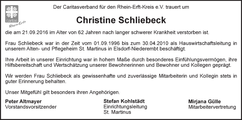  Traueranzeige für Christine Schliebeck vom 01.10.2016 aus  Sonntags-Post 