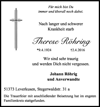 Anzeige von Therese Röhring von Kölner Stadt-Anzeiger / Kölnische Rundschau / Express