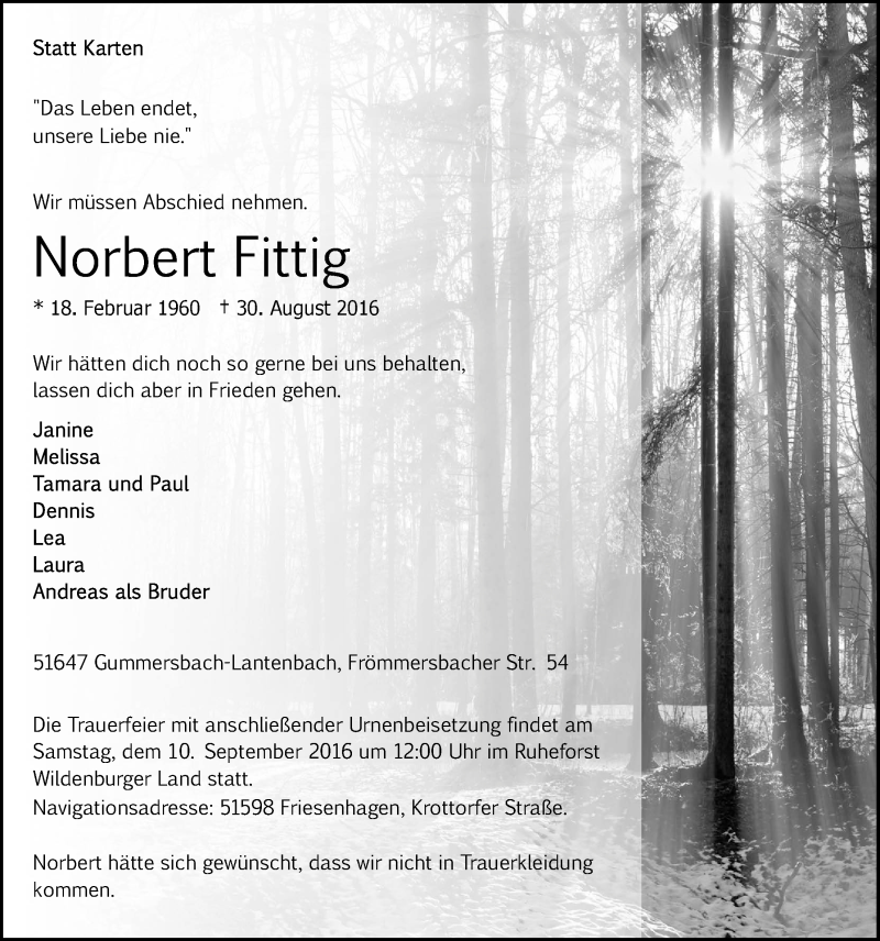  Traueranzeige für Norbert Fittig vom 07.09.2016 aus  Anzeigen Echo 