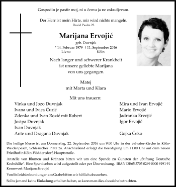 Anzeige von Marijana Ervojic von Kölner Stadt-Anzeiger / Kölnische Rundschau / Express